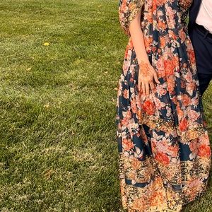 Navy and coral with gold floral lehenga